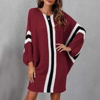 Весна 2024, Новое женское модное повседневное вязаное платье-свитер, свободный рукав 
