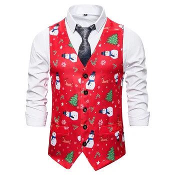 Мужской рождественский приталенный костюм, жилет без рукавов, вечернее платье, красный свадебный жилет с принтом