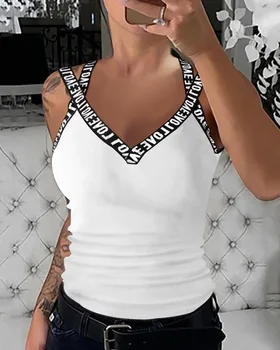 Женская модная летняя однотонная одежда без рукавов с V-образным вырезом, сексуальная футболка, топ на бретелях с буквенным принтом, топ на бретелях с перекрестным ремешком