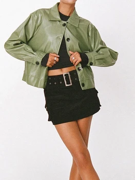 Новая модная женская кожаная укороченная куртка, повседневный однотонный кардиган с длинным рукавом и пуговицами, осенняя одежда, верхняя уличная одежда S-XL