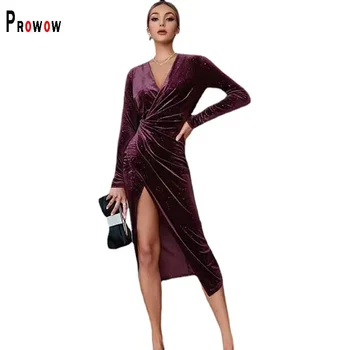 Женское вечернее платье Prowow, сексуальный V-образный вырез, неровный подол, наряд для вечеринки в ночном клубе, осенне-зимняя элегантная одежда с длинным рукавом